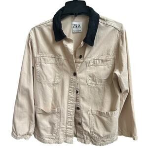 Zara Cream Utility Oversized Button Down Schacket Denim Jacket Sz S Black Collar